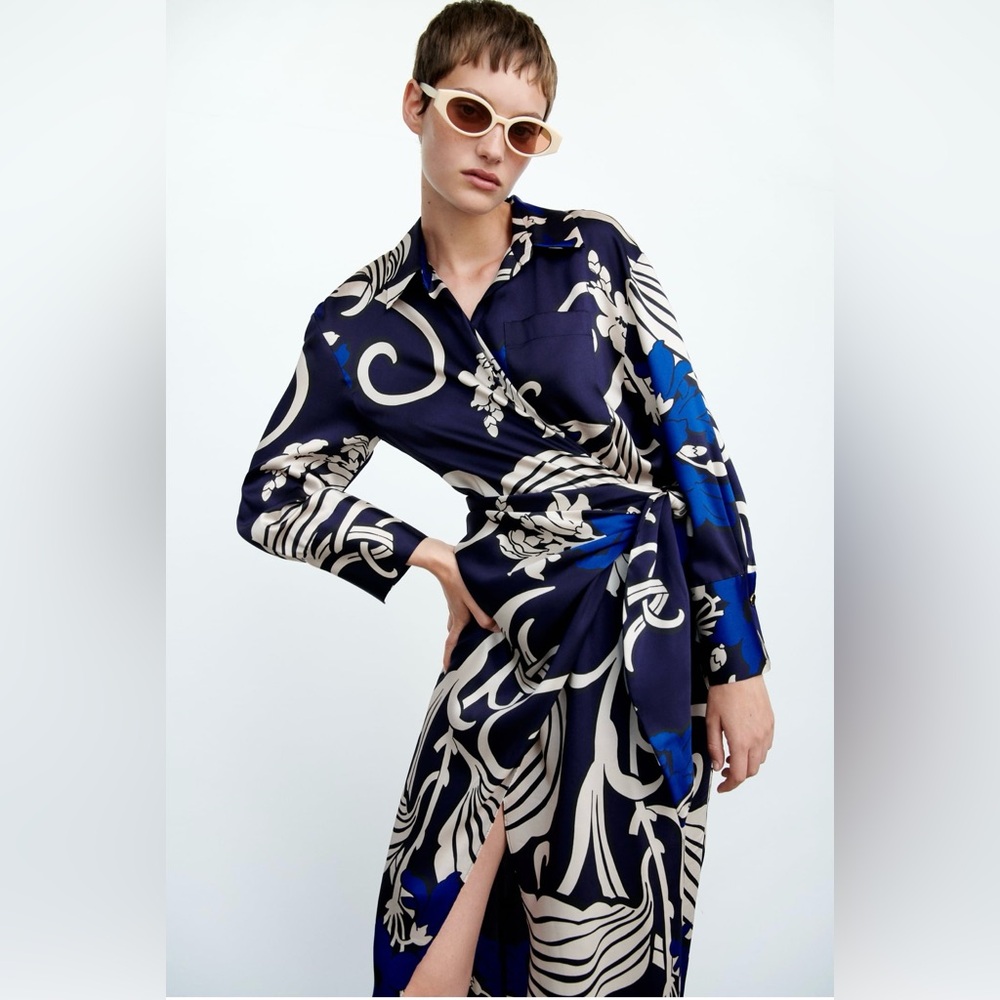 Zara Printed Shirt Dress Maxi with side slit - Size XS